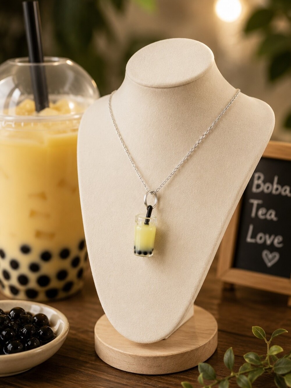 Mini Boba Tea Necklace Bubble Tea Charm Silver Chain Kawaii Food Jewelry Gift